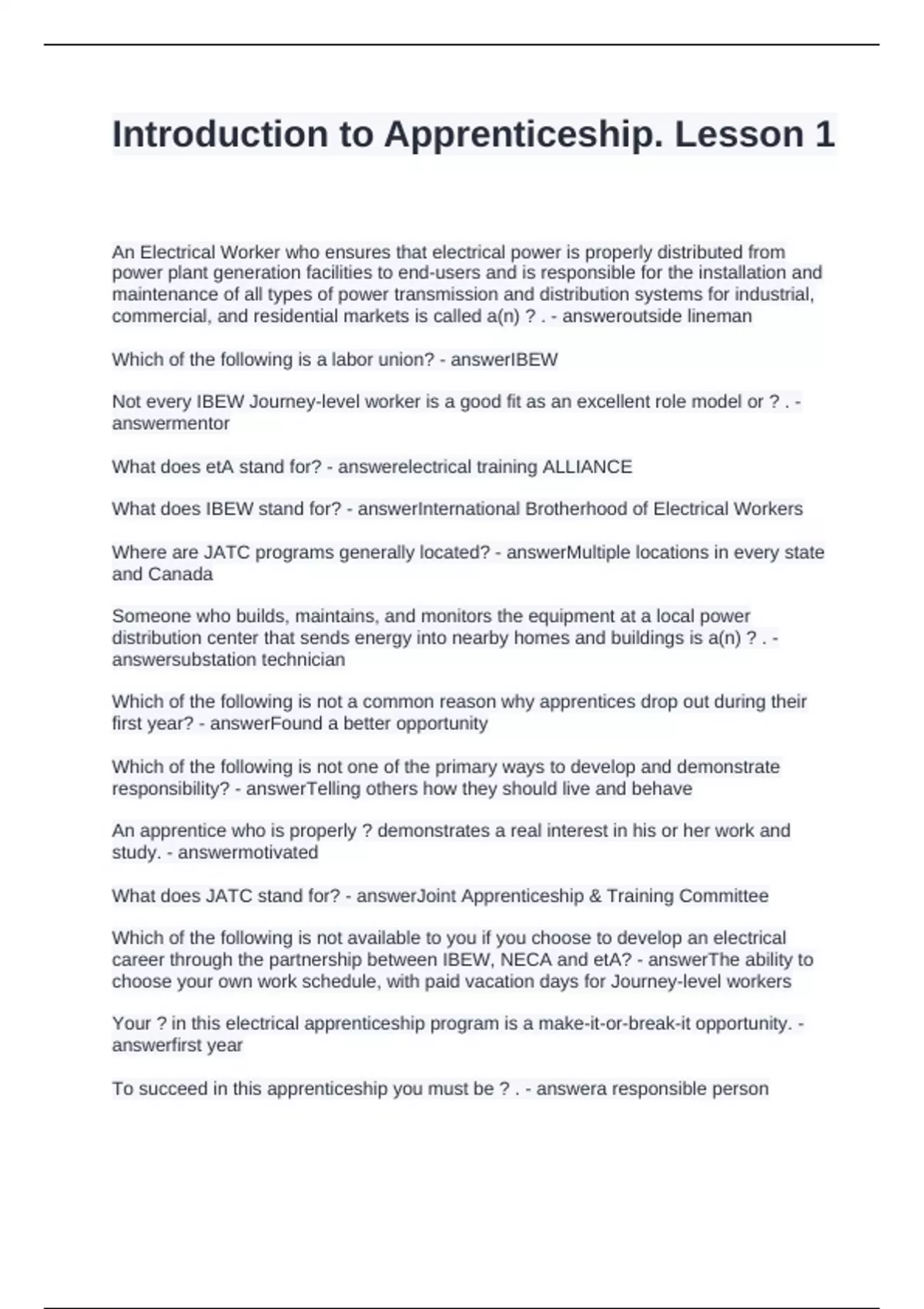 Apprentice Signals Collection Course Introduction to Apprenticeship. Lesson 1 Questions and Answers 2024 ...