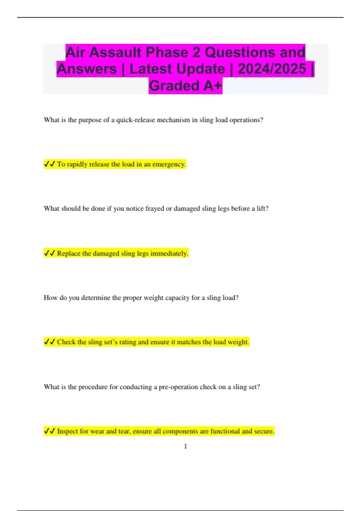 Air Assault Phase 1 & 2 Bundled Exams Questions and Answers Multiple ...