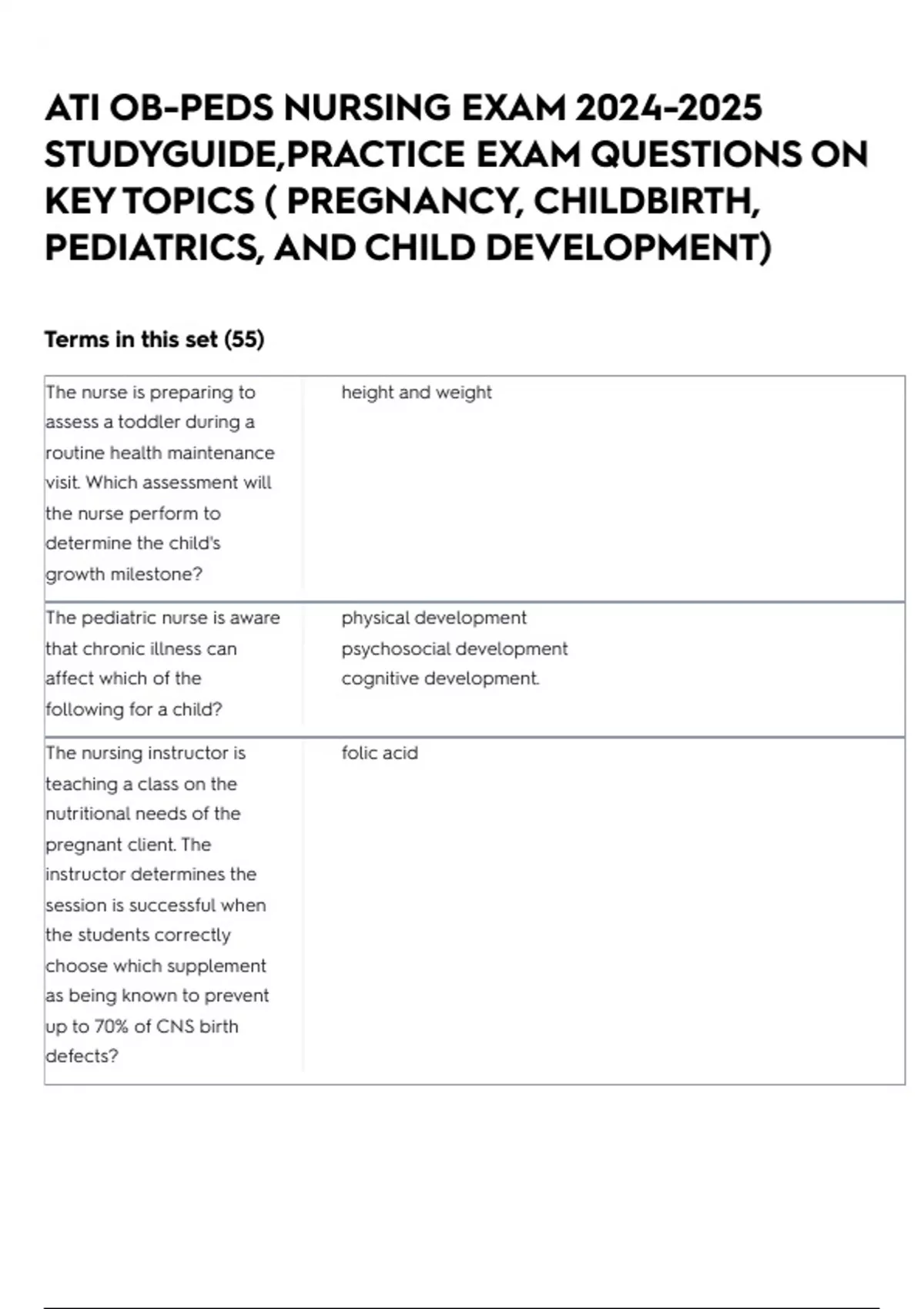ATI OB-PEDS NURSING EXAM STUDYGUIDE,PRACTICE EXAM QUESTIONS ON KEY ...