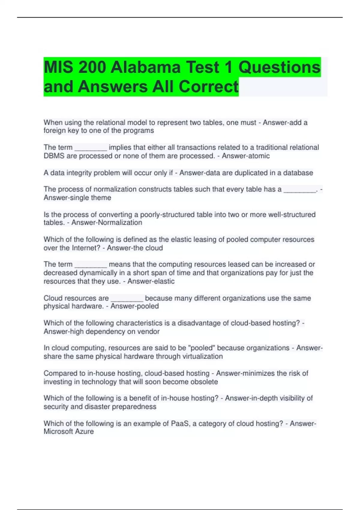 MIS 200 Alabama Test 1 Questions and Answers All Correct - MIS 200 ...