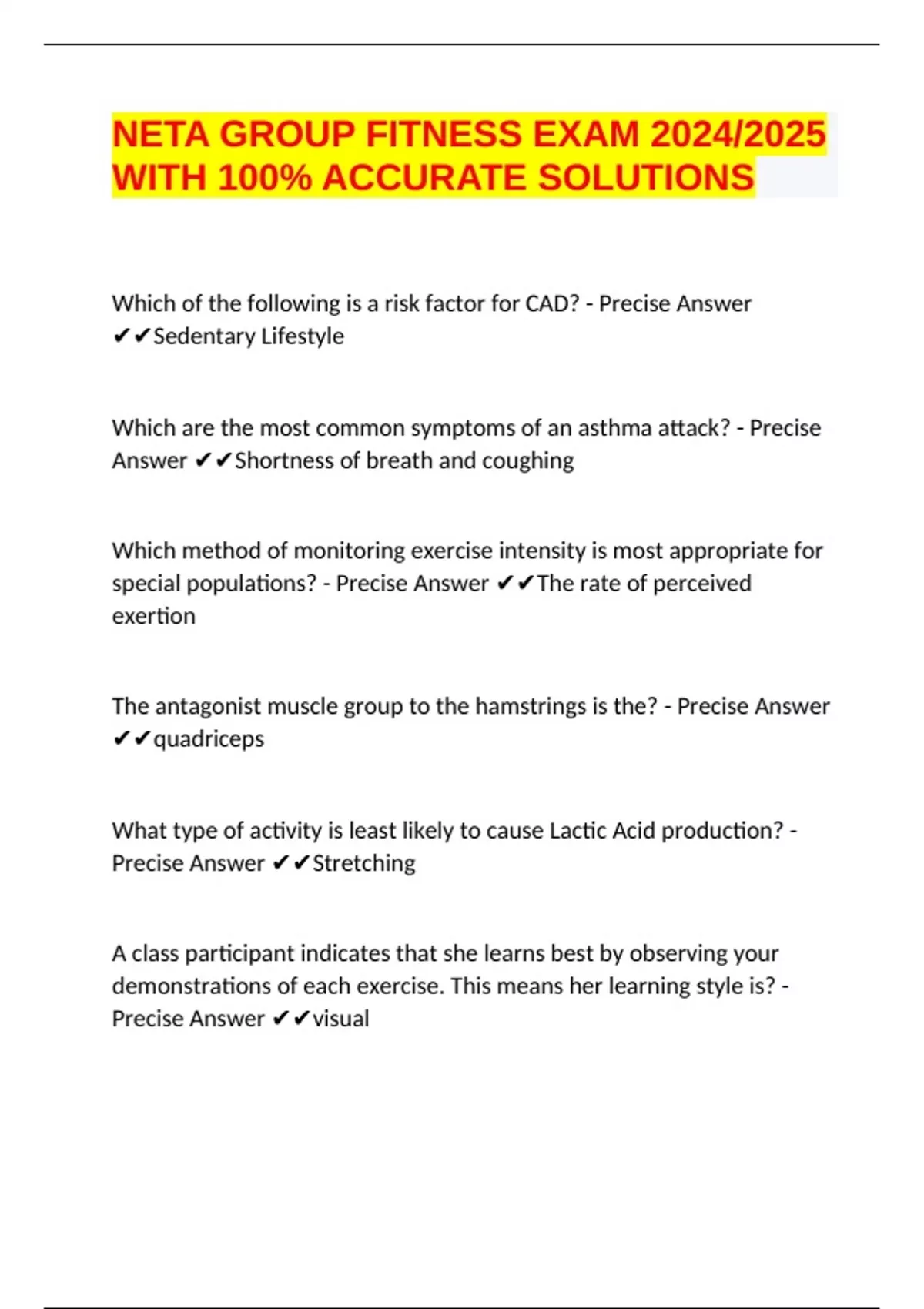 NETA GROUP FITNESS EXAM 2024/2025 WITH 100% ACCURATE SOLUTIONS - NETA ...