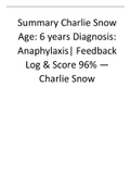 Summary Charlie Snow Age 6 years Diagnosis Anaphylaxis Feedback Log & Score 96% — Charlie Snow