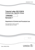 Tutorial Letter 201/1/2016 Criminal Law: Specific Crimes Semester 1 Department of Criminal and Procedural Law This tutorial letter contains important  information about your module.