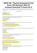 NURS 190&Tab;Physical Assessment Final Exam &lpar;100 Questions With All Answers&rpar; Download To Score An A