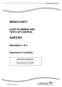 University of  South Africa AUDIT PLANNING AND TESTS OF CONTROL  AUE3701  Semesters 1 & 2