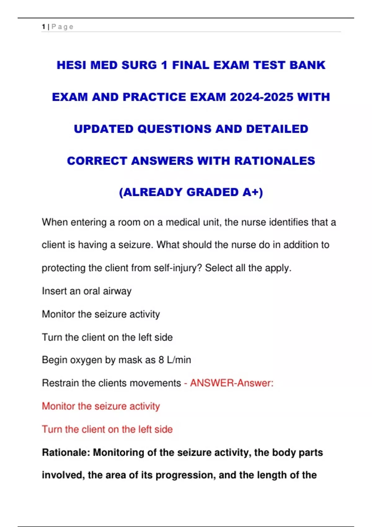 HESI MED SURG 1 FINAL EXAM TEST BANK EXAM AND PRACTICE EXAM WITH ...