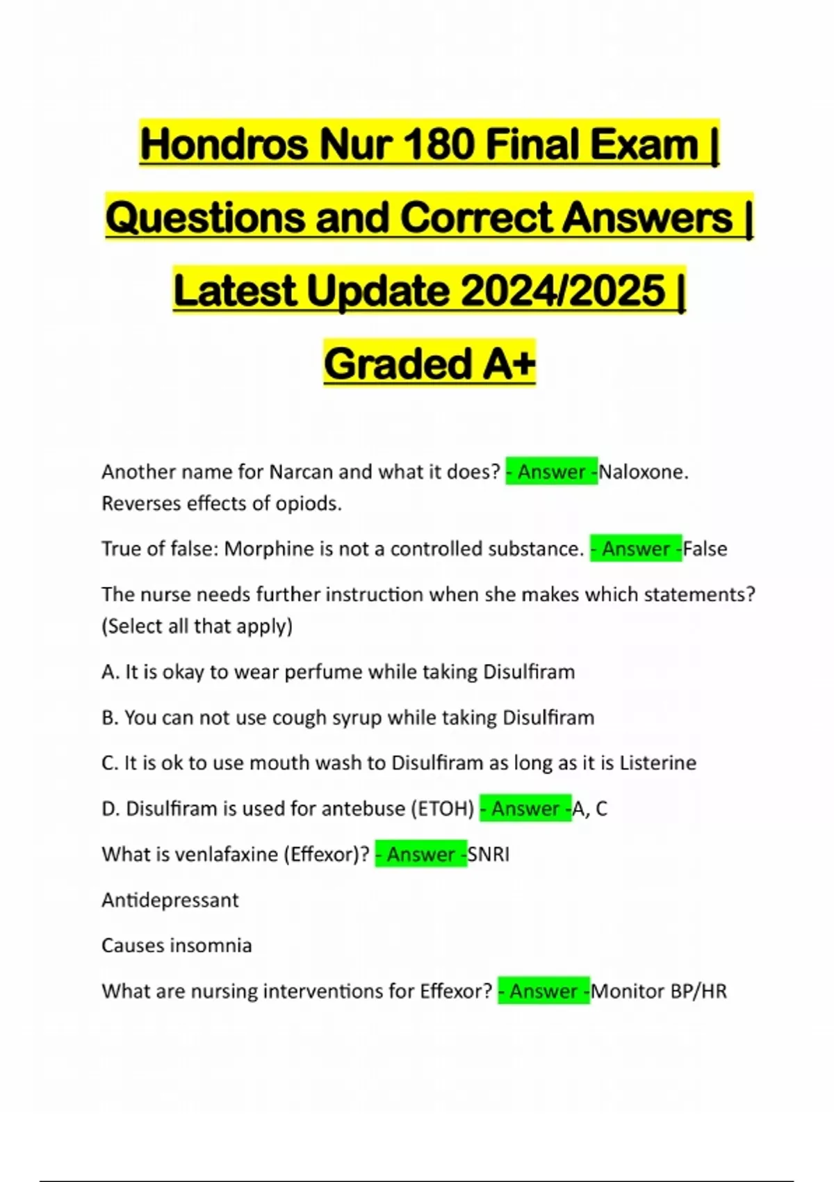Hondros Nur 180 Final Exam | Questions and Correct Answers | Latest ...