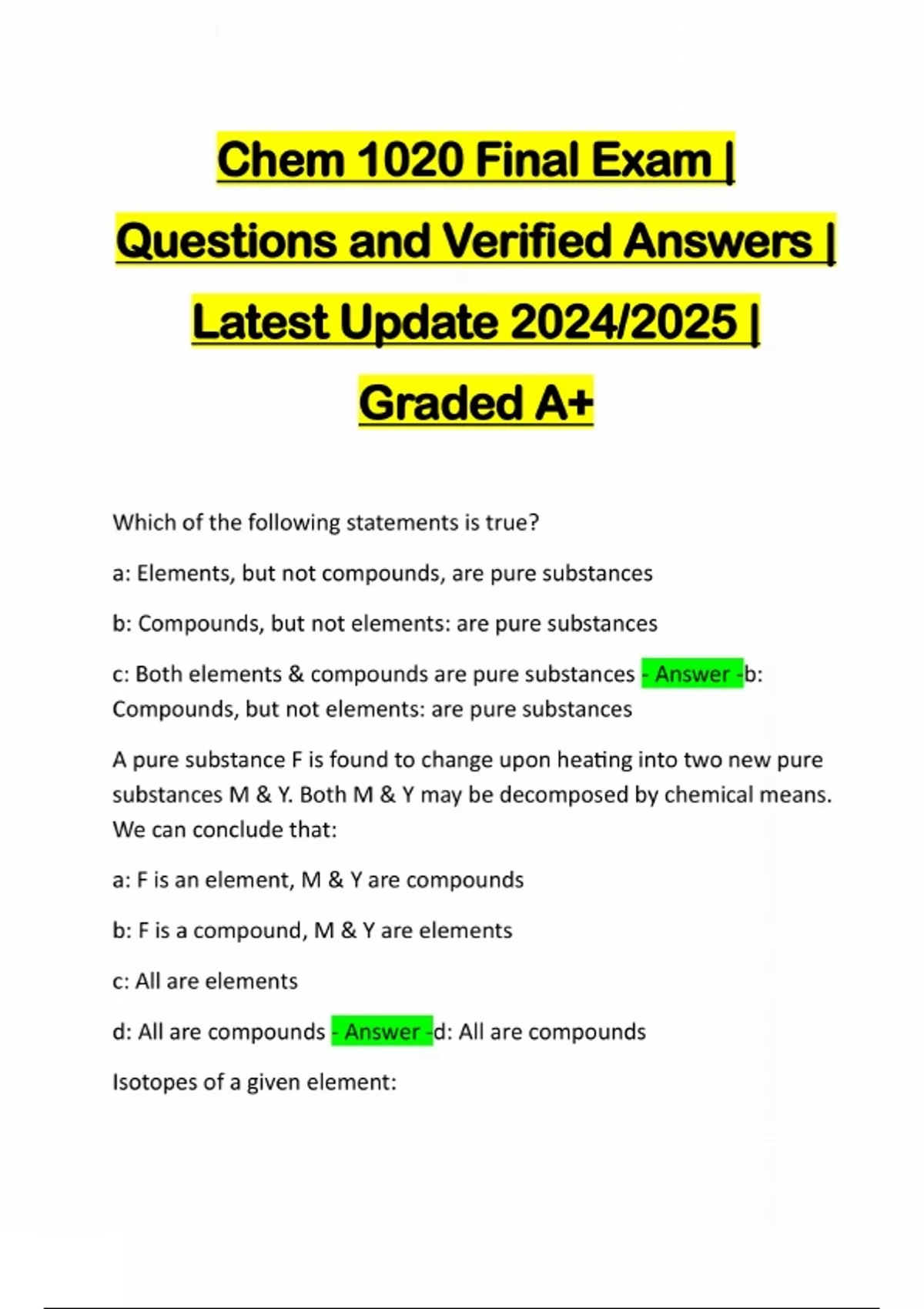 Chem 1020 Final Exam | Questions and Verified Answers | Latest Update ...