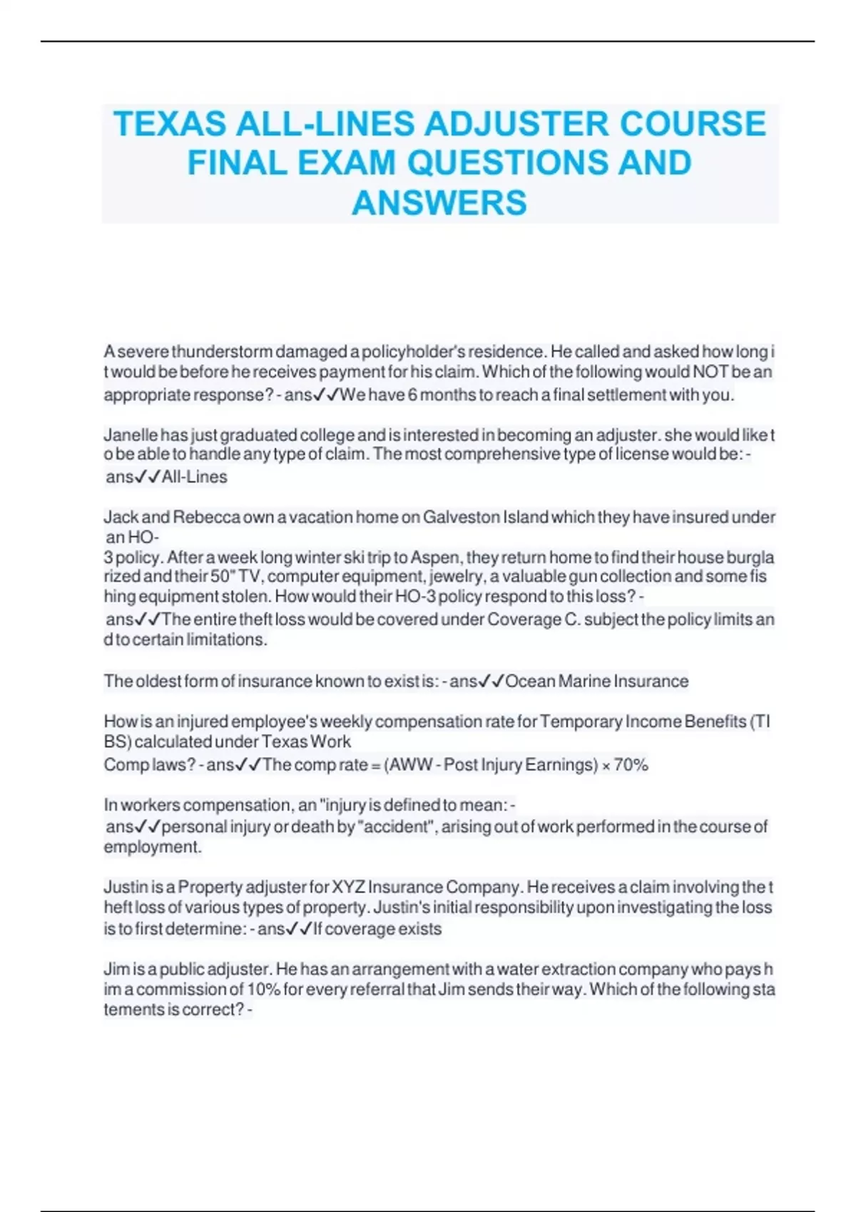 Texas All-Lines Adjuster course Final Exam Questions With Complete ...