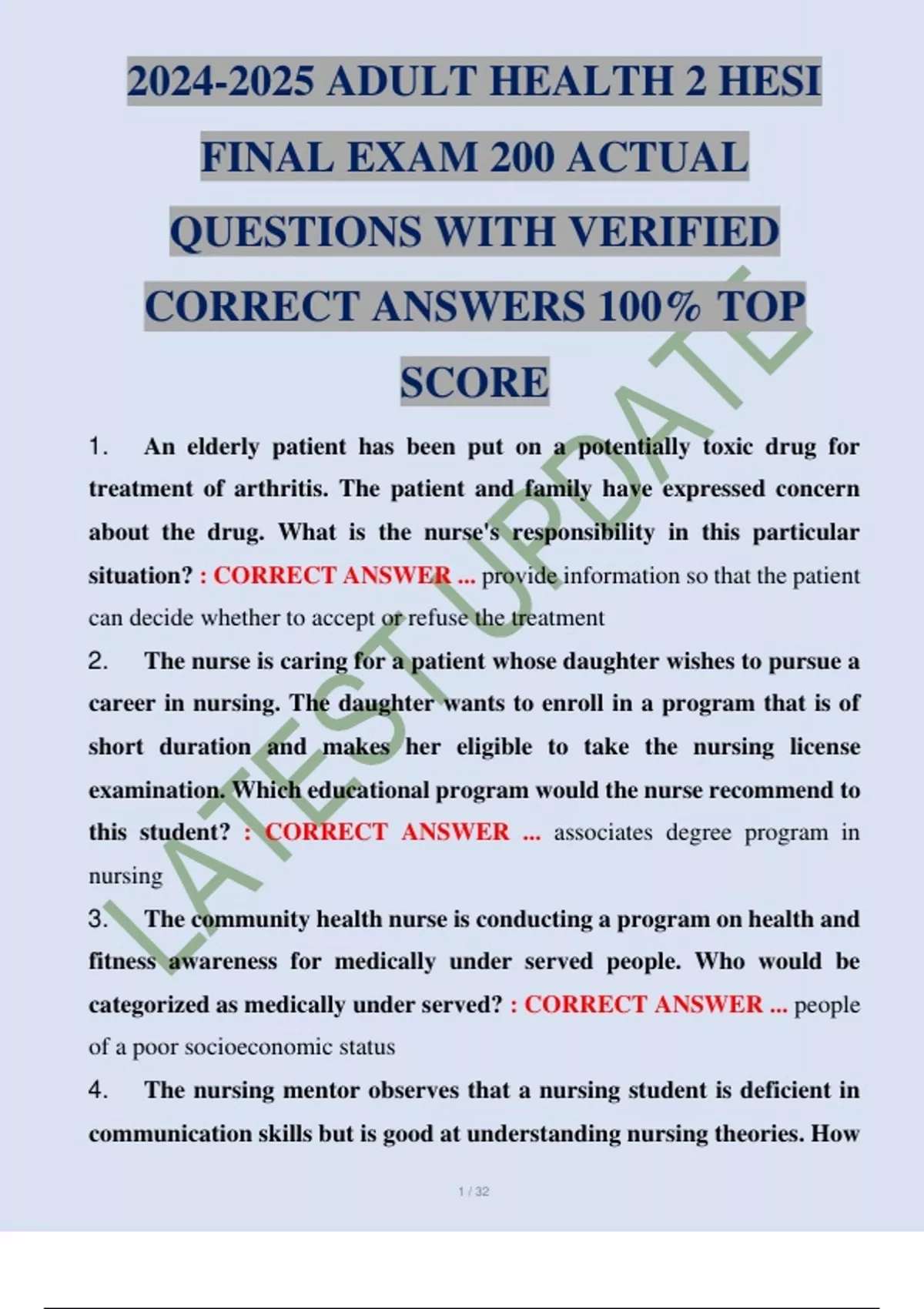 ADULT HEALTH 2 HESI FINAL EXAM 200 ACTUAL QUESTIONS WITH VERIFIED ...