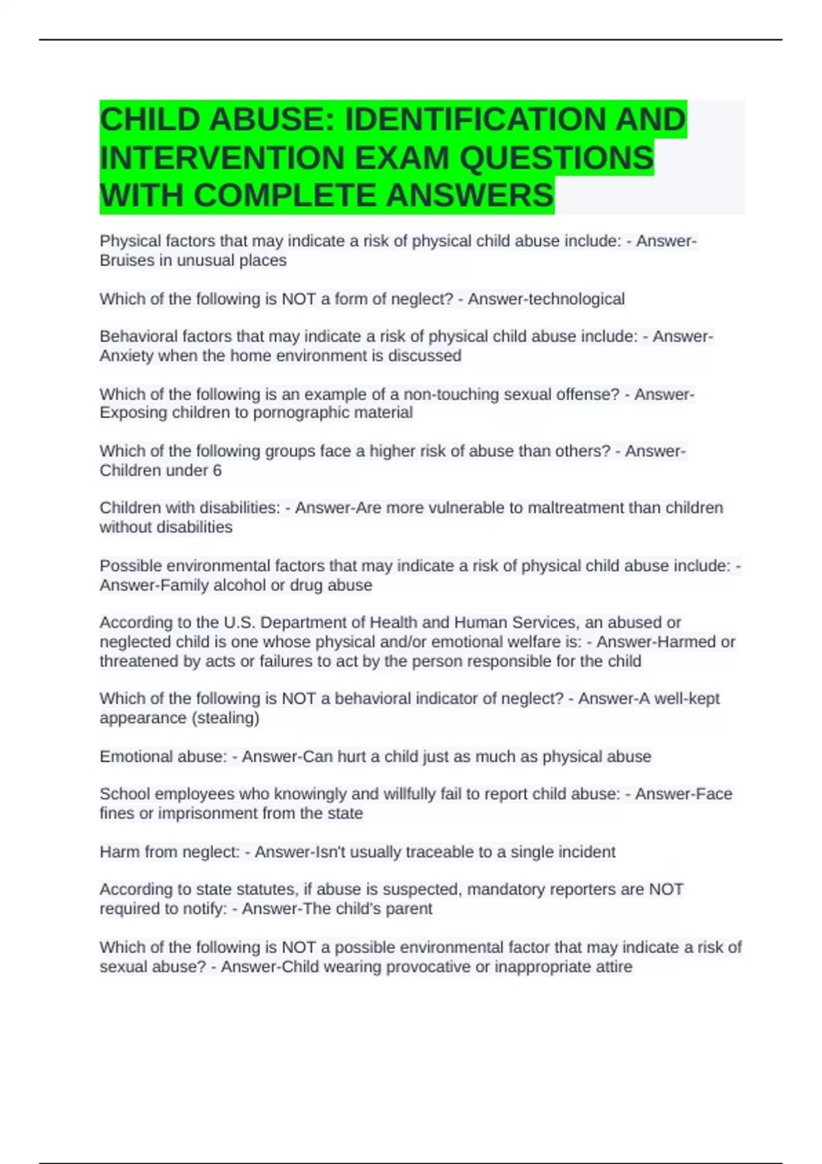 CHILD ABUSE: IDENTIFICATION AND INTERVENTION EXAM QUESTIONS WITH ...