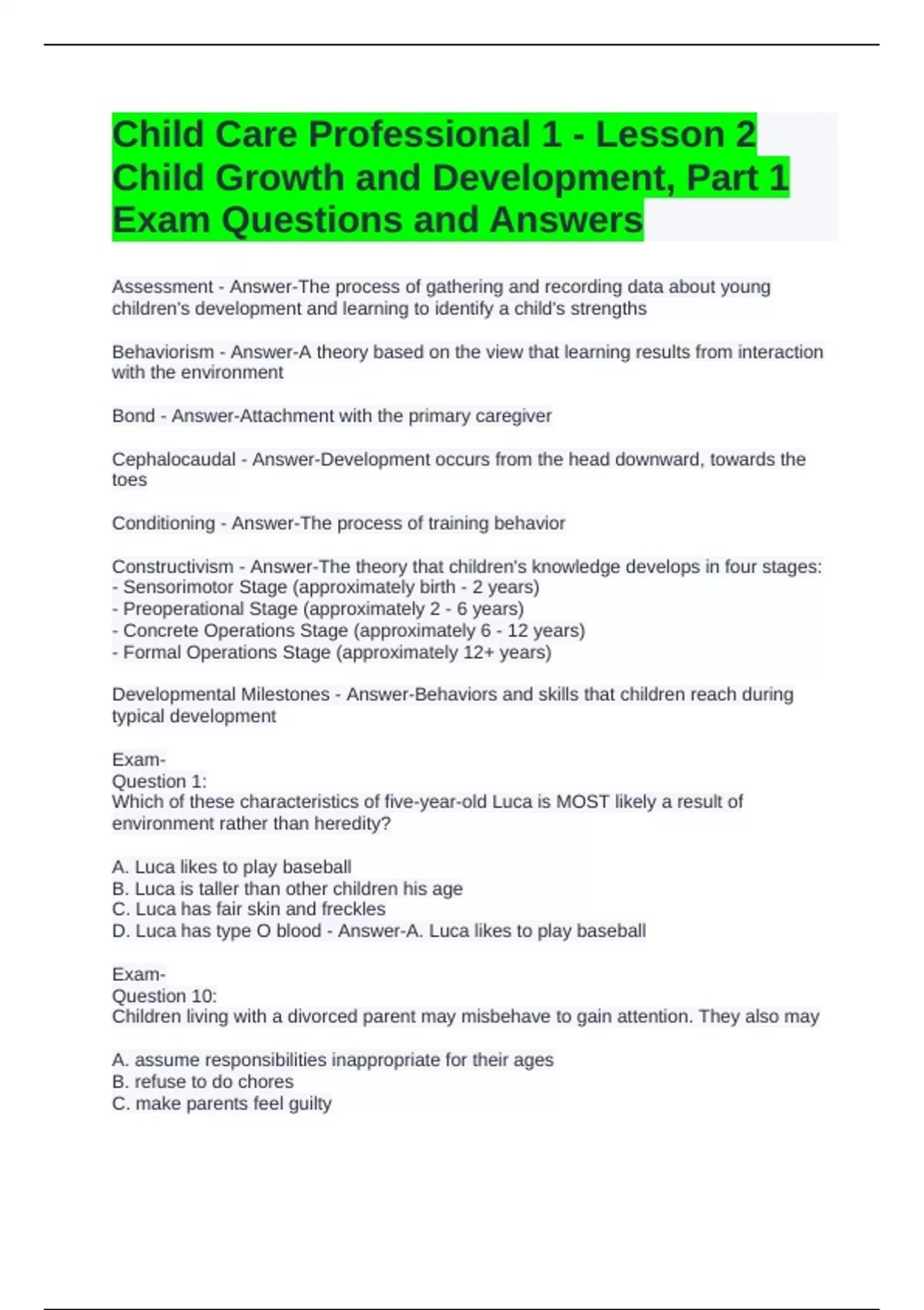 Child Care Professional 1 - Lesson 2 Child Growth and Development, Part ...