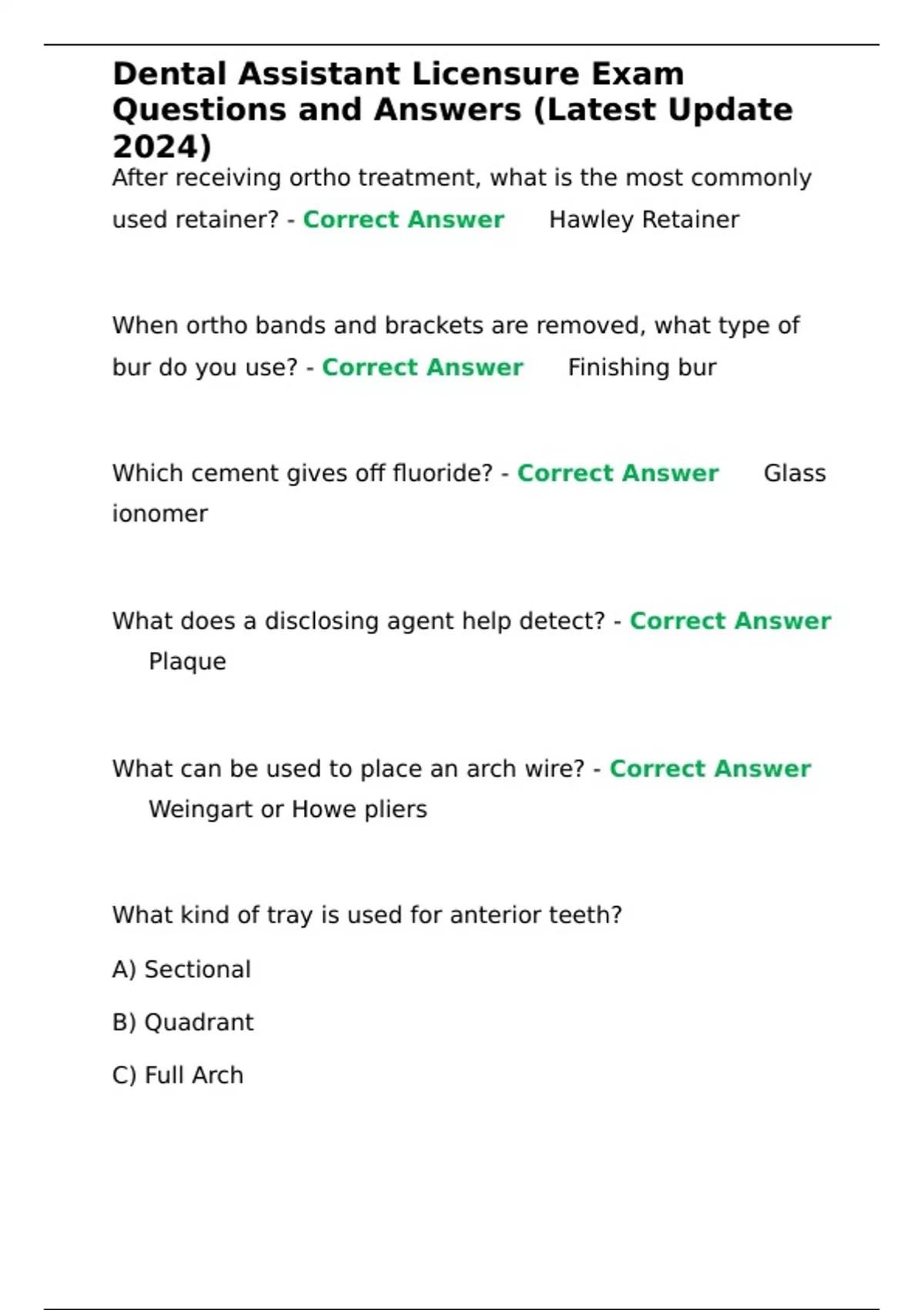 Dental Assistant Licensure Exam Questions and Answers (Latest Update ...