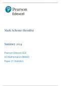 Mark Scheme &lpar;Results&rpar; Summer 2024 Pearson Edexcel GCE AS Mathematics &lpar;8MA0&rpar; Paper 21 Statistics