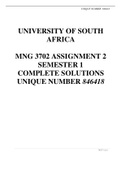 UNIVERSITY OF SOUTH AFRICA  MNG 3702 ASSIGNMENT 2 SEMESTER 1  COMPLETE SOLUTIONS UNIQUE NUMBER 846418