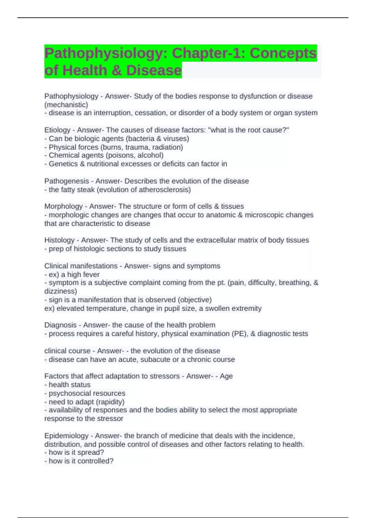 Pathophysiology: Chapter-1: Concepts of Health & Disease Questions ...