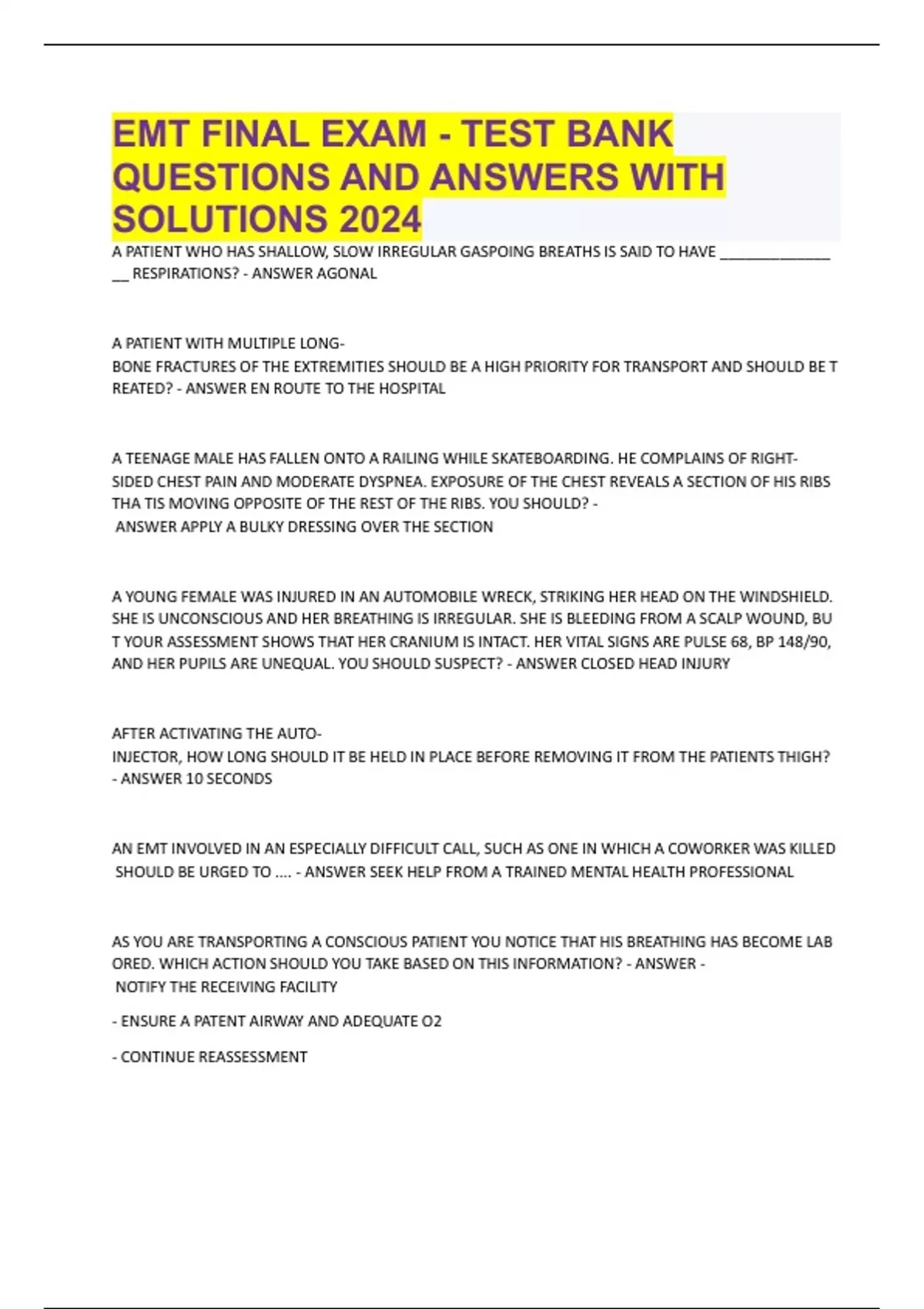 EMT FINAL EXAM - TEST BANK QUESTIONS AND ANSWERS WITH SOLUTIONS 2024 ...