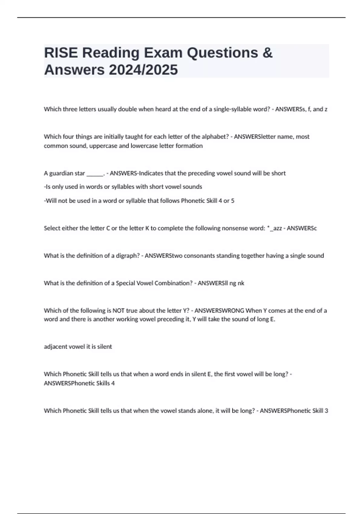 Example Rise Reading Program Notes RISE Reading Exam Questions & Answers 2024/2025 - RISE Reading - Stuvia US