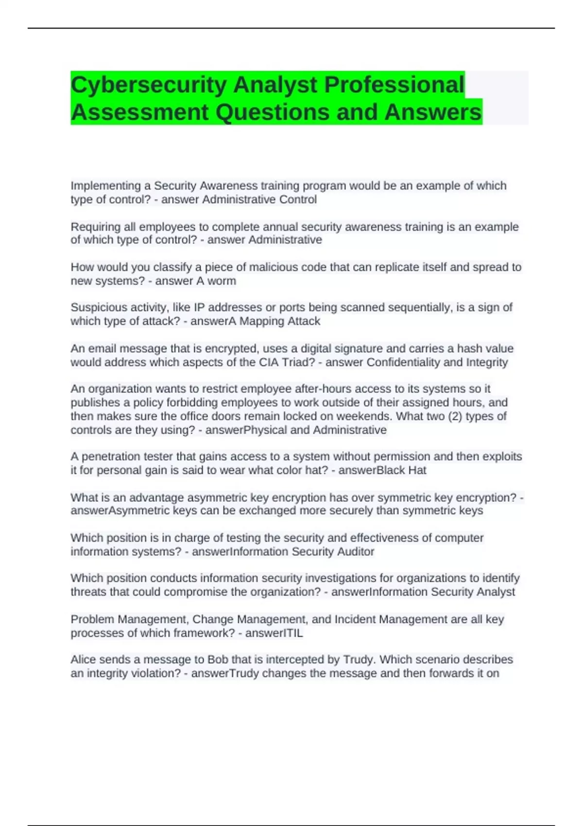 Cybersecurity Analyst Professional Assessment Questions and Answers ...