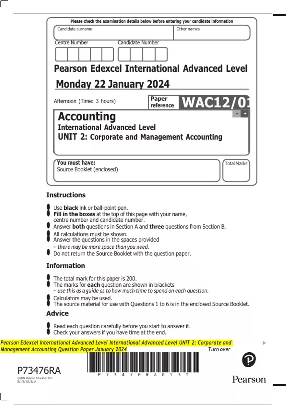 Pearson Edexcel International Advanced Level In Accounting (WAC12 ...
