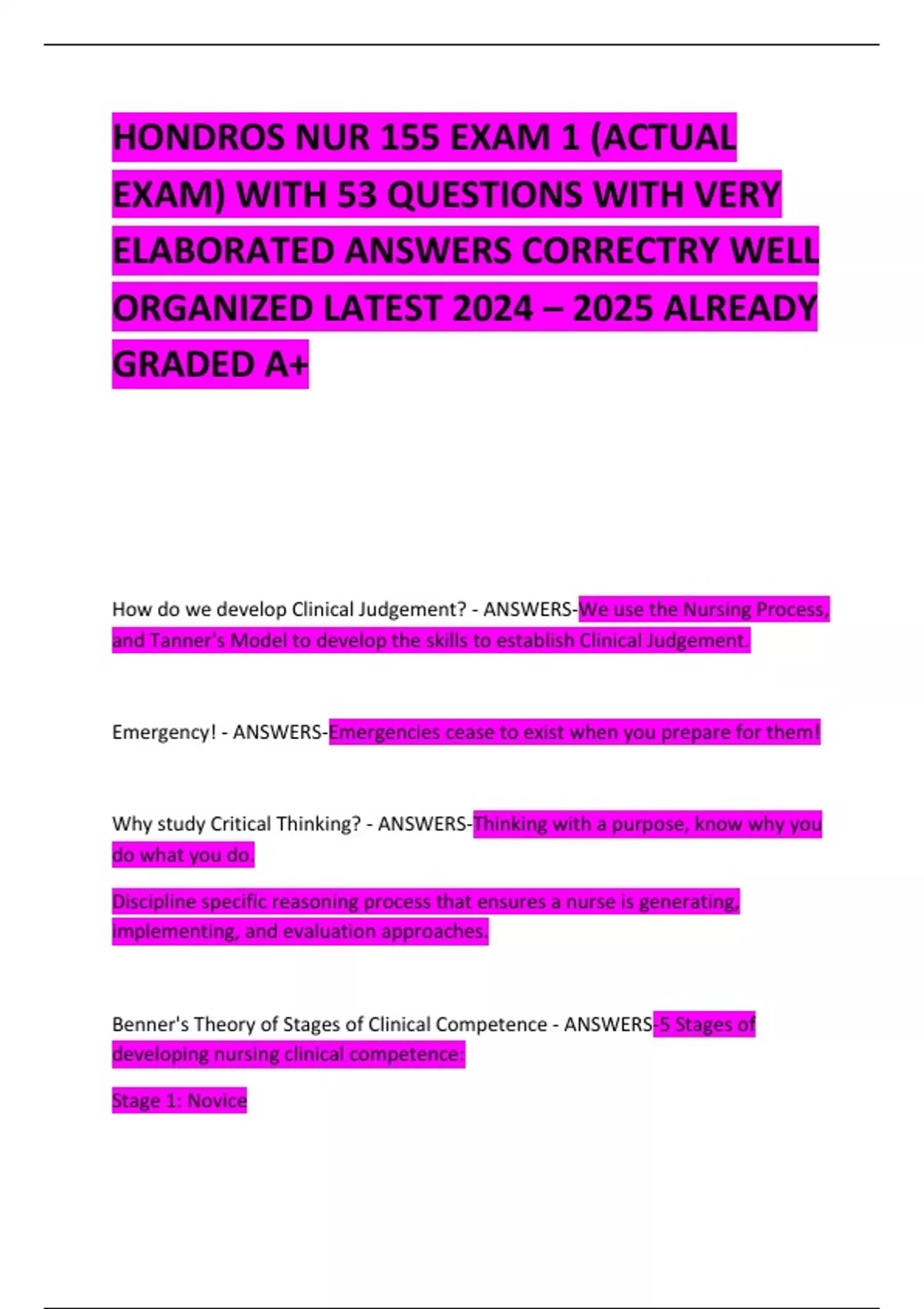 HONDROS NUR 155 EXAM 1 (ACTUAL EXAM) WITH 53 QUESTIONS WITH VERY ...