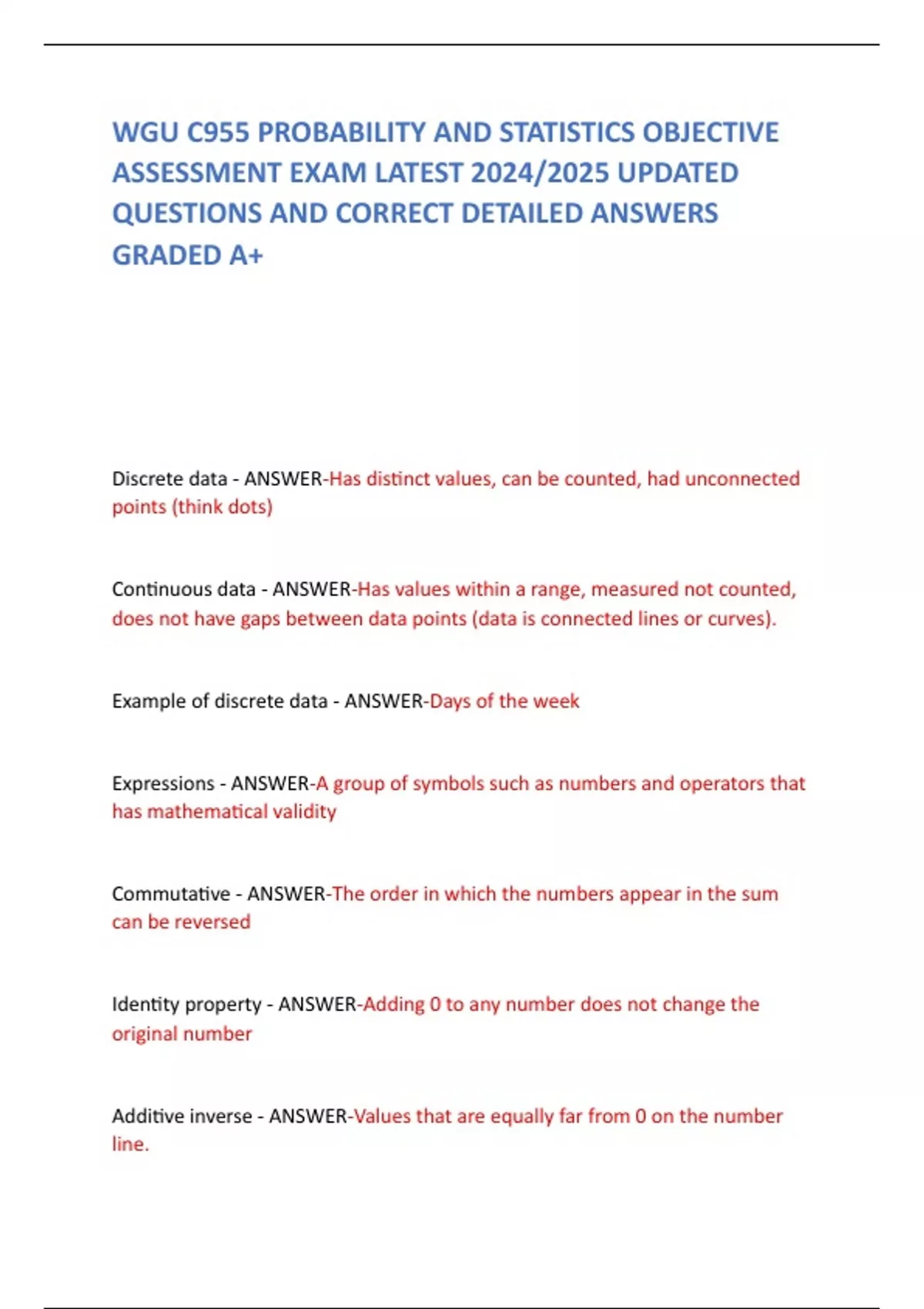 WGU C955 PROBABILITY AND STATISTICS OBJECTIVE ASSESSMENT EXAM LATEST ...