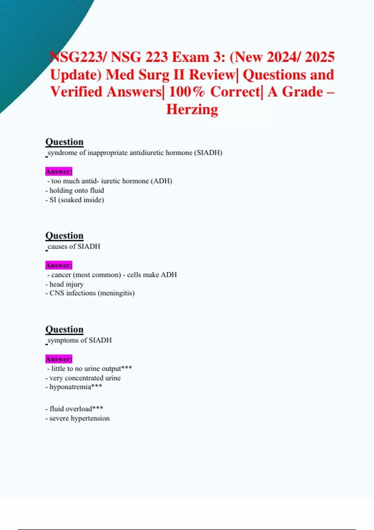 Exam 3 & Exam 4 : NSG223/ NSG 223 Med Surg 2 (New 2024/ 2025 Updates ...
