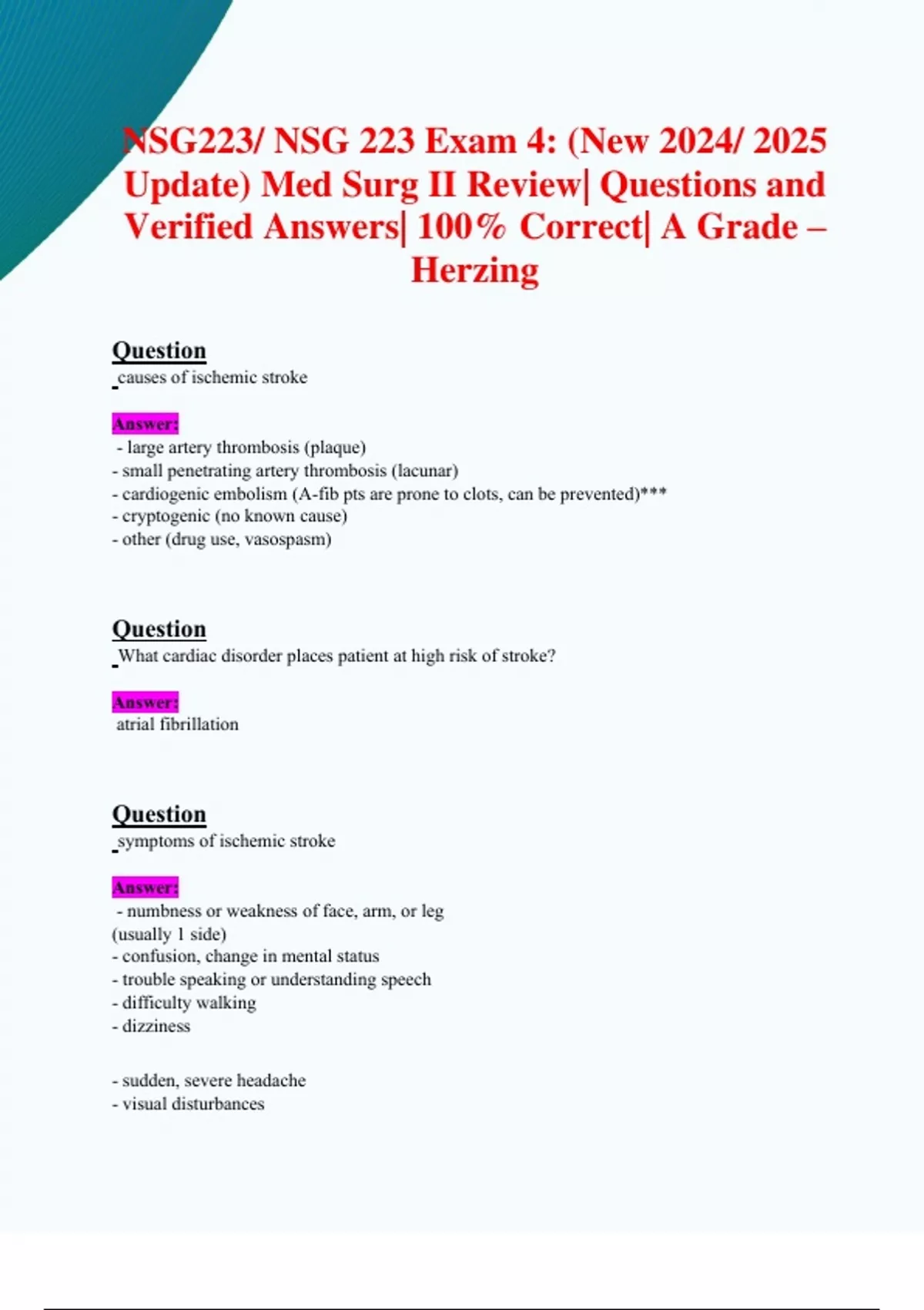 NSG223/ NSG 223 Exam 4: (New 2024/ 2025 Update) Med Surg II Review ...