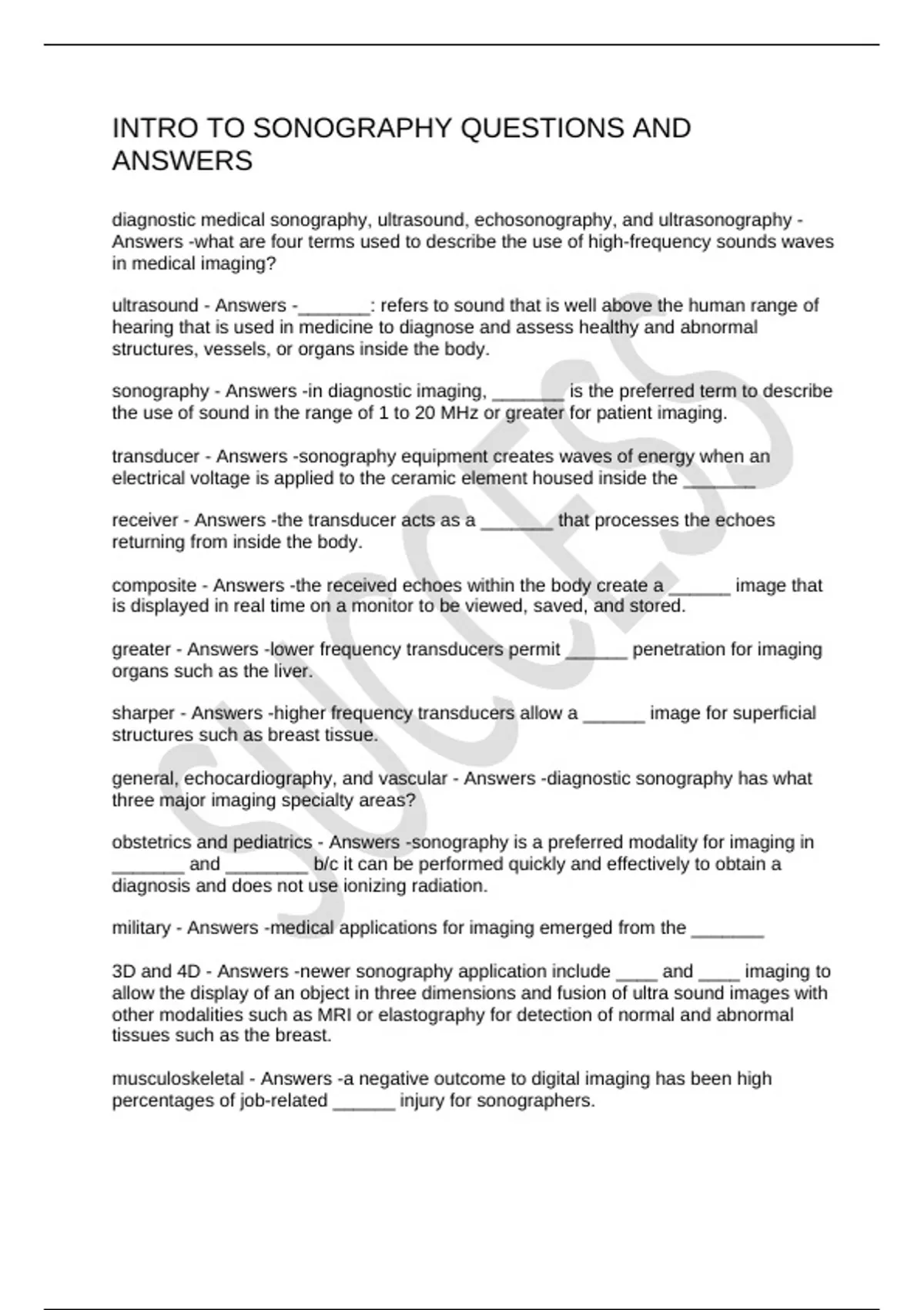 INTRO TO SONOGRAPHY QUESTIONS AND ANSWERS - SONOGRAPHY - Stuvia US
