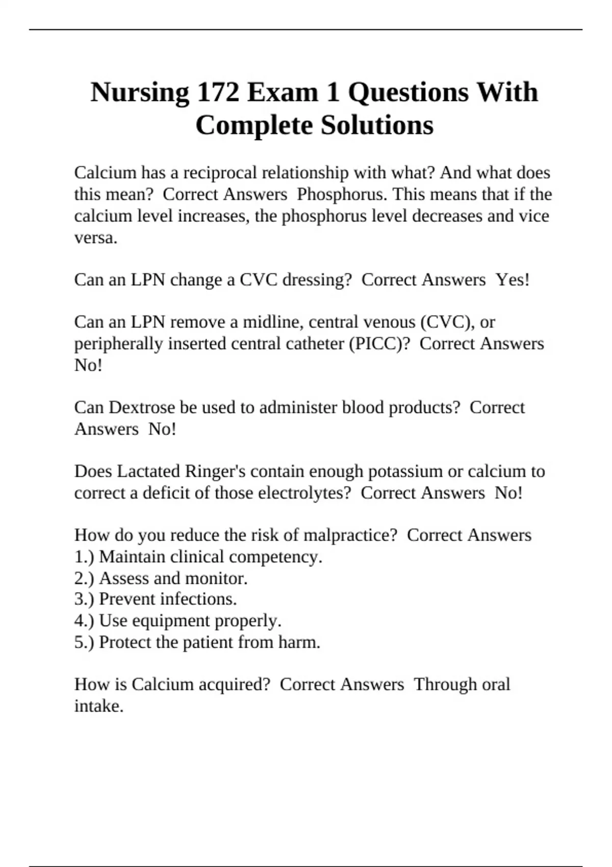 Hondros Nursing 172 Exam 1 Questions With Complete Solutions - Hondros ...
