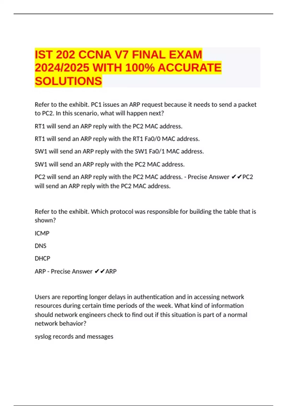 IST 202 CCNA V7 FINAL EXAM 2024/2025 WITH 100% ACCURATE SOLUTIONS - IST 202 CCNA V7 - Stuvia US