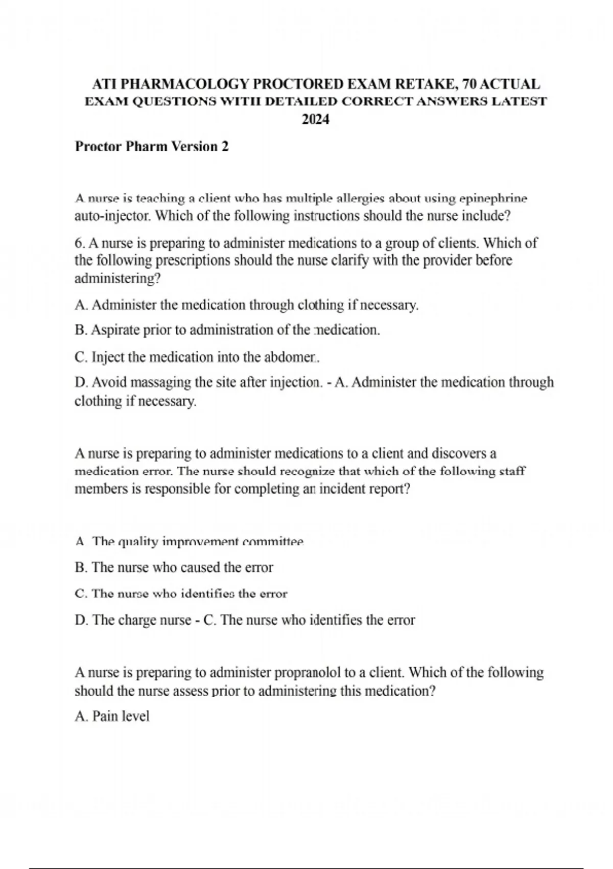 ATI PHARMACOLOGY PROCTORED EXAM RETAKE, 70 ACTUAL EXAM QUESTIONS WITH ...