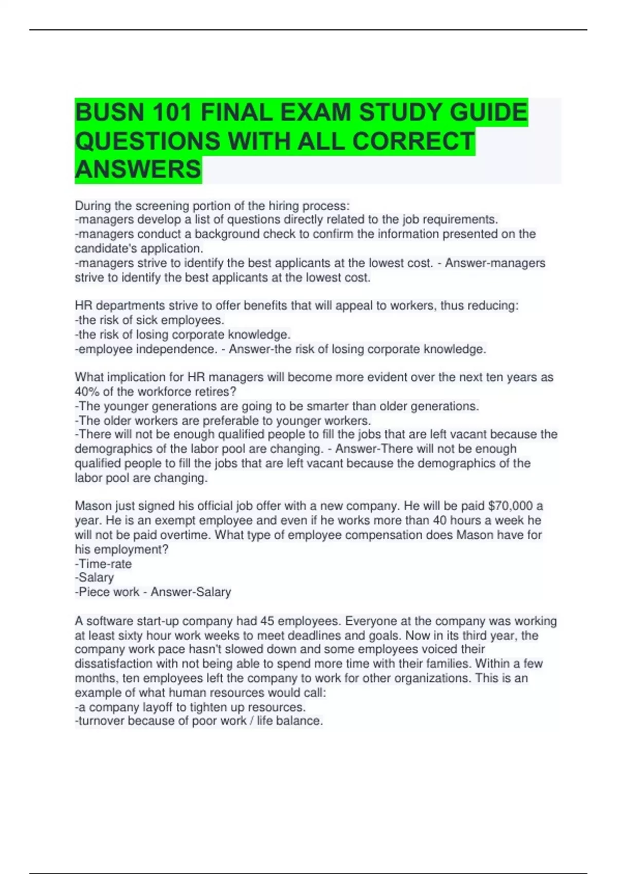 BUSN 101 FINAL EXAM STUDY GUIDE QUESTIONS WITH ALL CORRECT ANSWERS ...