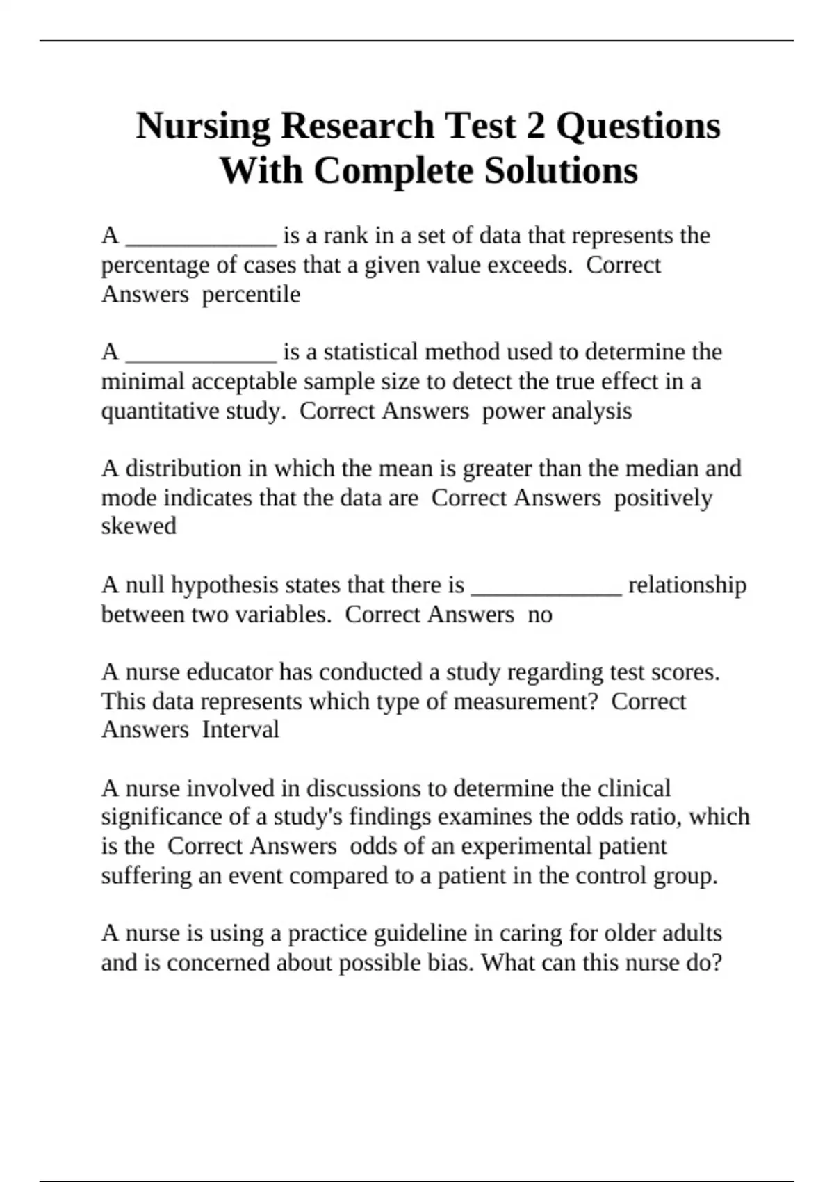 Nursing Research Test 2 Questions With Complete Solutions - Nursing ...