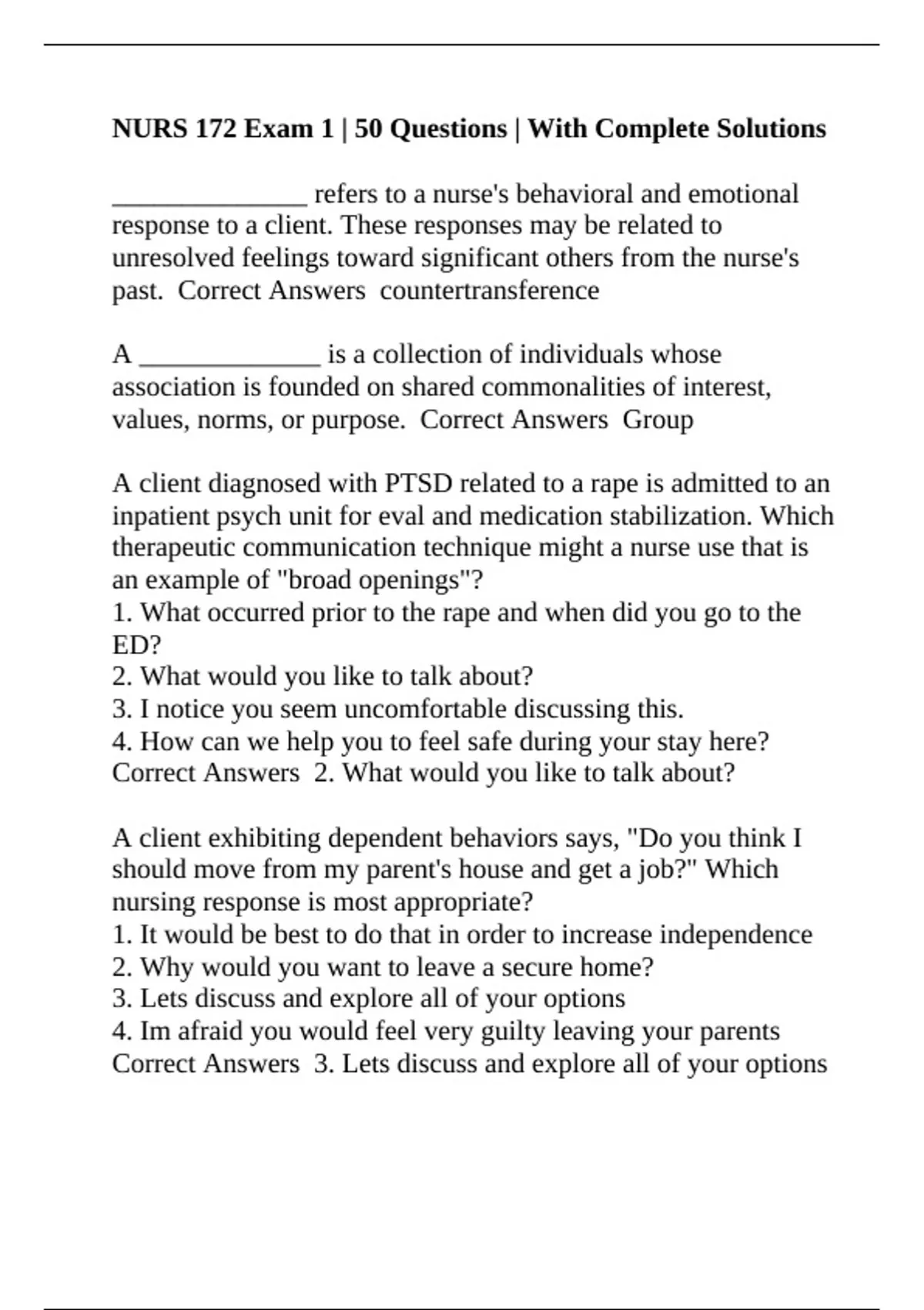 NURS 172 Exam 1 | 50 Questions | With Complete Solutions - NURS 172 ...