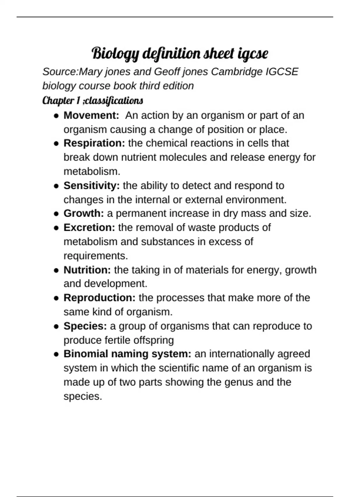 IGCSE Biology definitions - Biology - Stuvia US