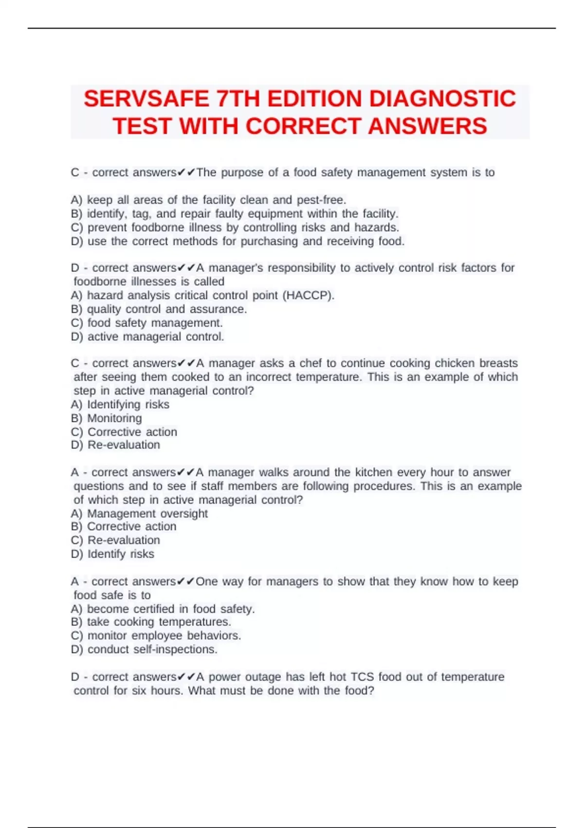 SERVSAFE 7TH EDITION DIAGNOSTIC TEST WITH CORRECT ANSWERS - ServSafe ...