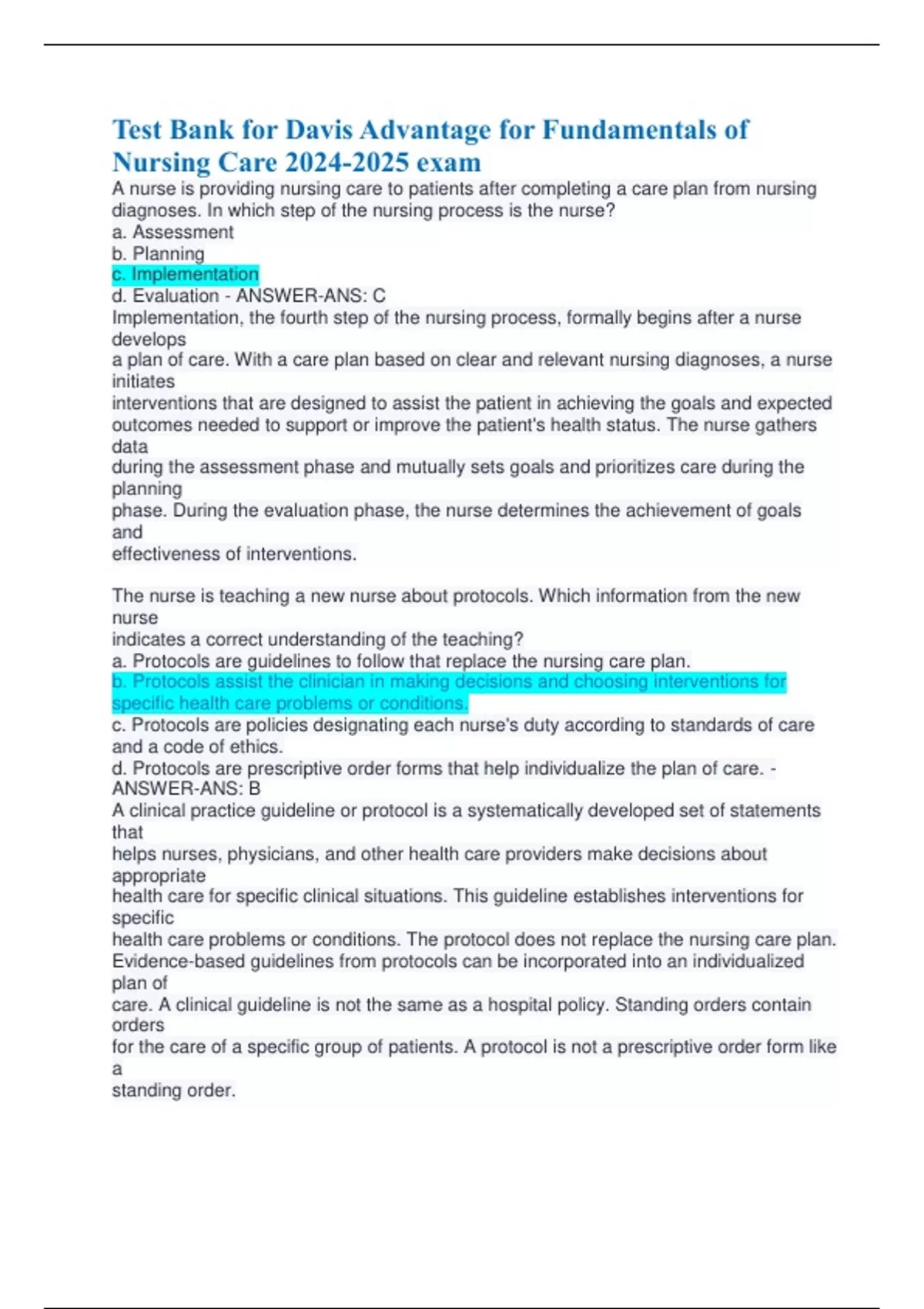 Test Bank for Davis Advantage for Fundamentals of Nursing Care exam
