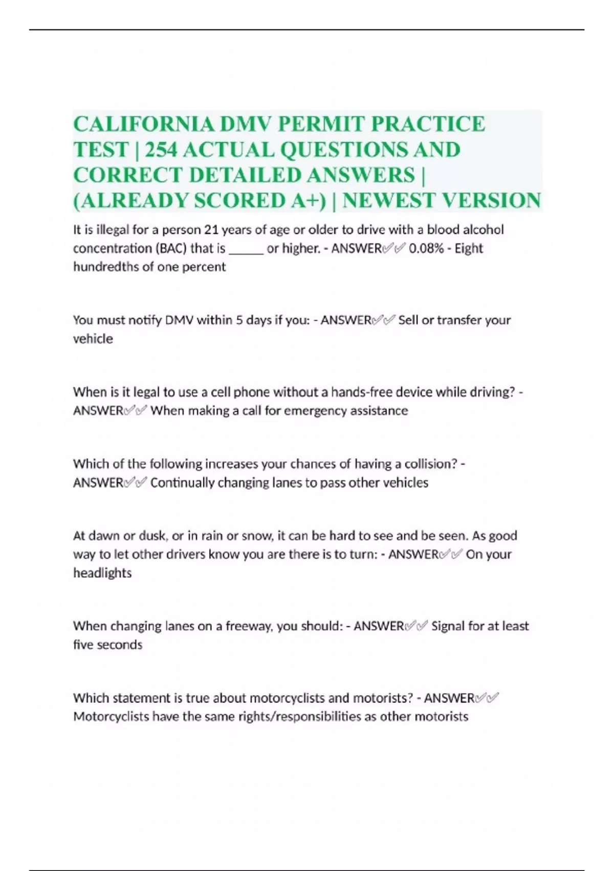 CALIFORNIA DMV PERMIT PRACTICE TEST | 254 ACTUAL QUESTIONS AND CORRECT ...