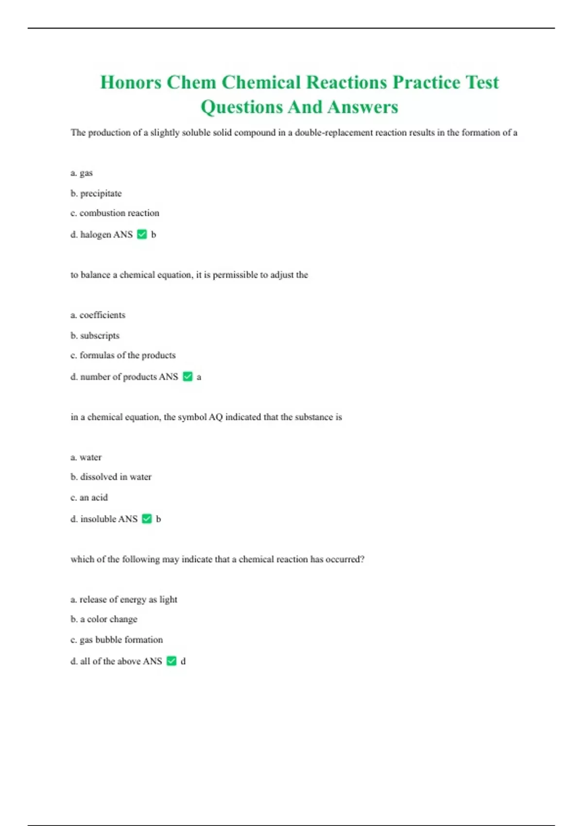 Honors Chem Chemical Reactions Practice Test Questions And Answers ...