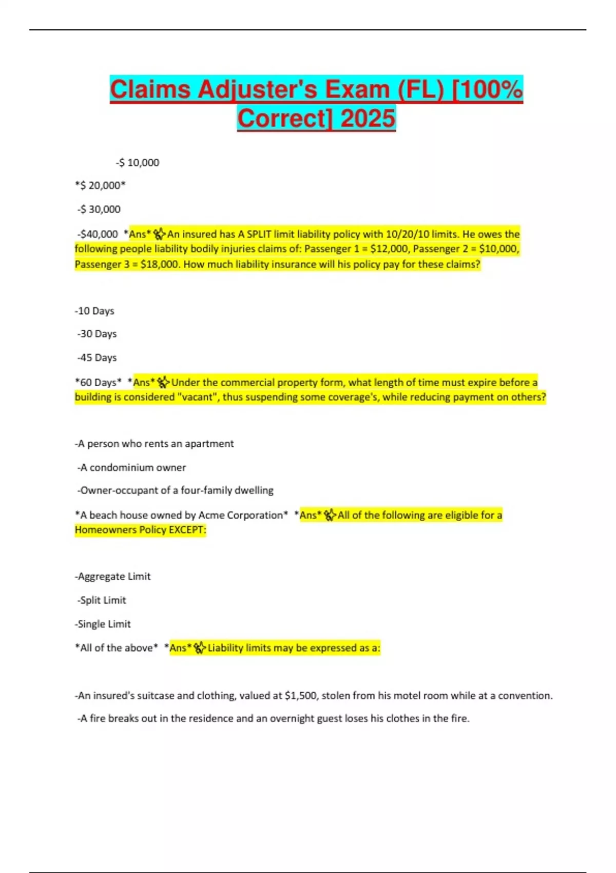 Claims Adjuster S Exam Fl 100 Correct 2025 Florida Adjuster