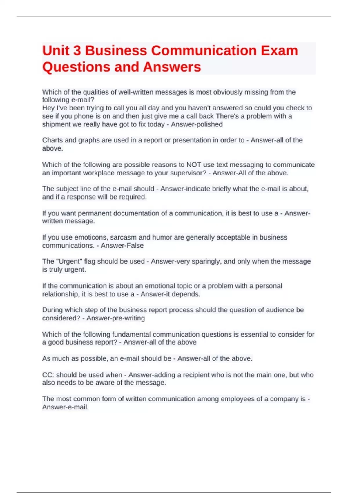 Unit 3 Business Communication Exam Questions and Answers - Business ...