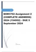 BSW3702 Assignment 2 &lpar;COMPLETE ANSWERS&rpar; 2024 &lpar;154952&rpar; - DUE 5 September 2024 workings&comma; explanations and solutions