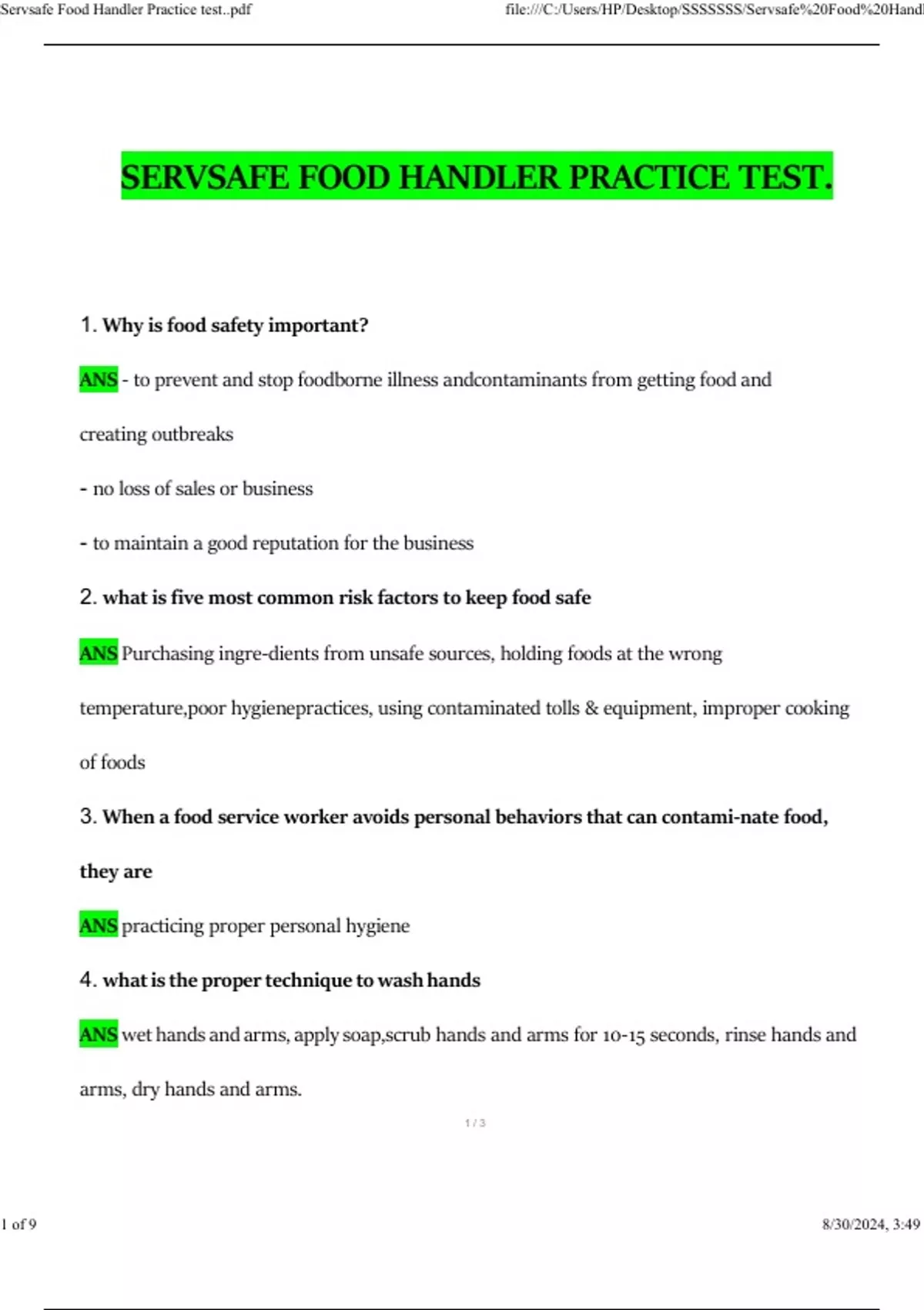 ServSafe Food Handler Practice Test 2024 Actual Questions with Verified ...
