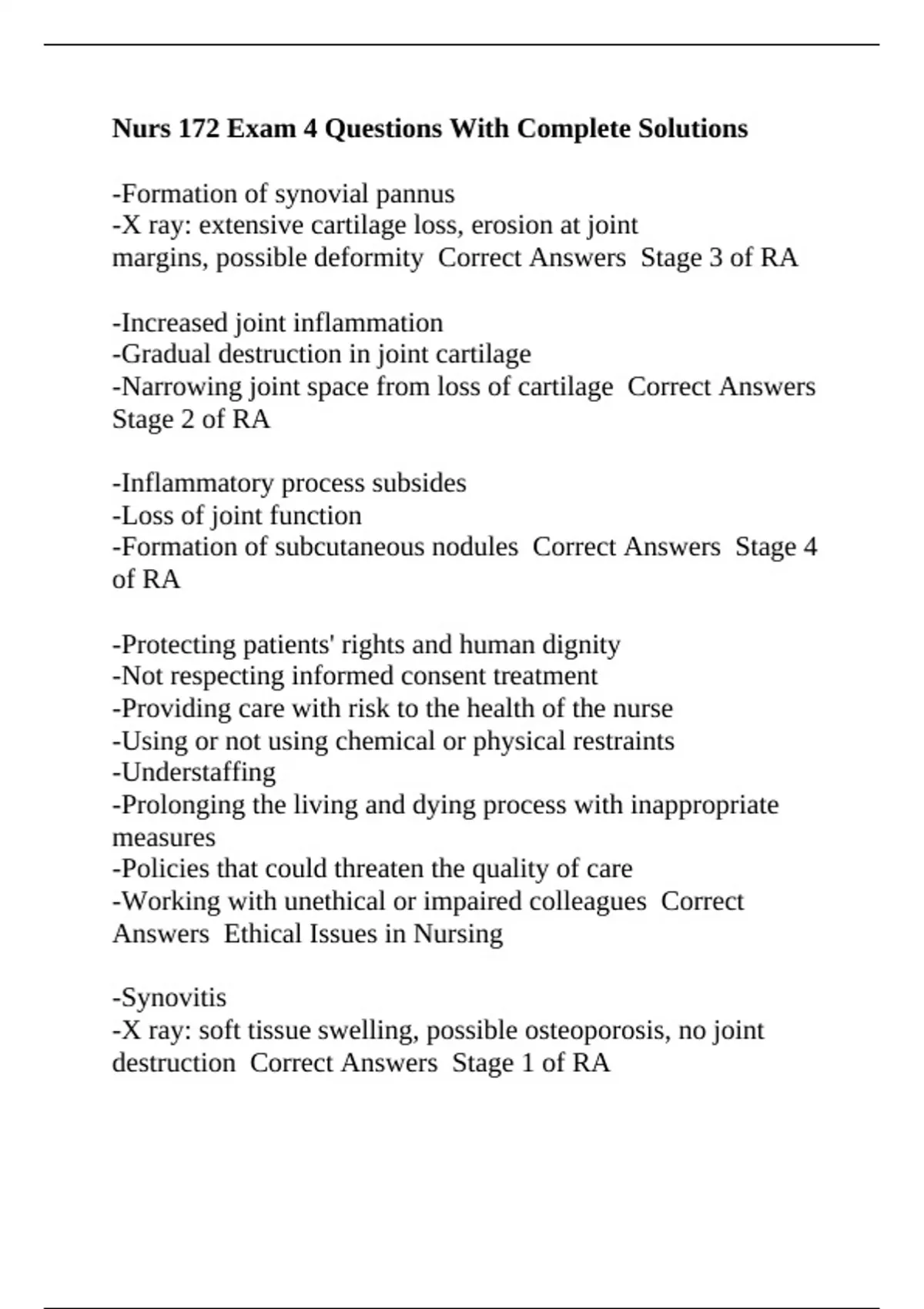Nurs 172 Exam 4 Questions With Complete Solutions - Nurs 172 - Stuvia US