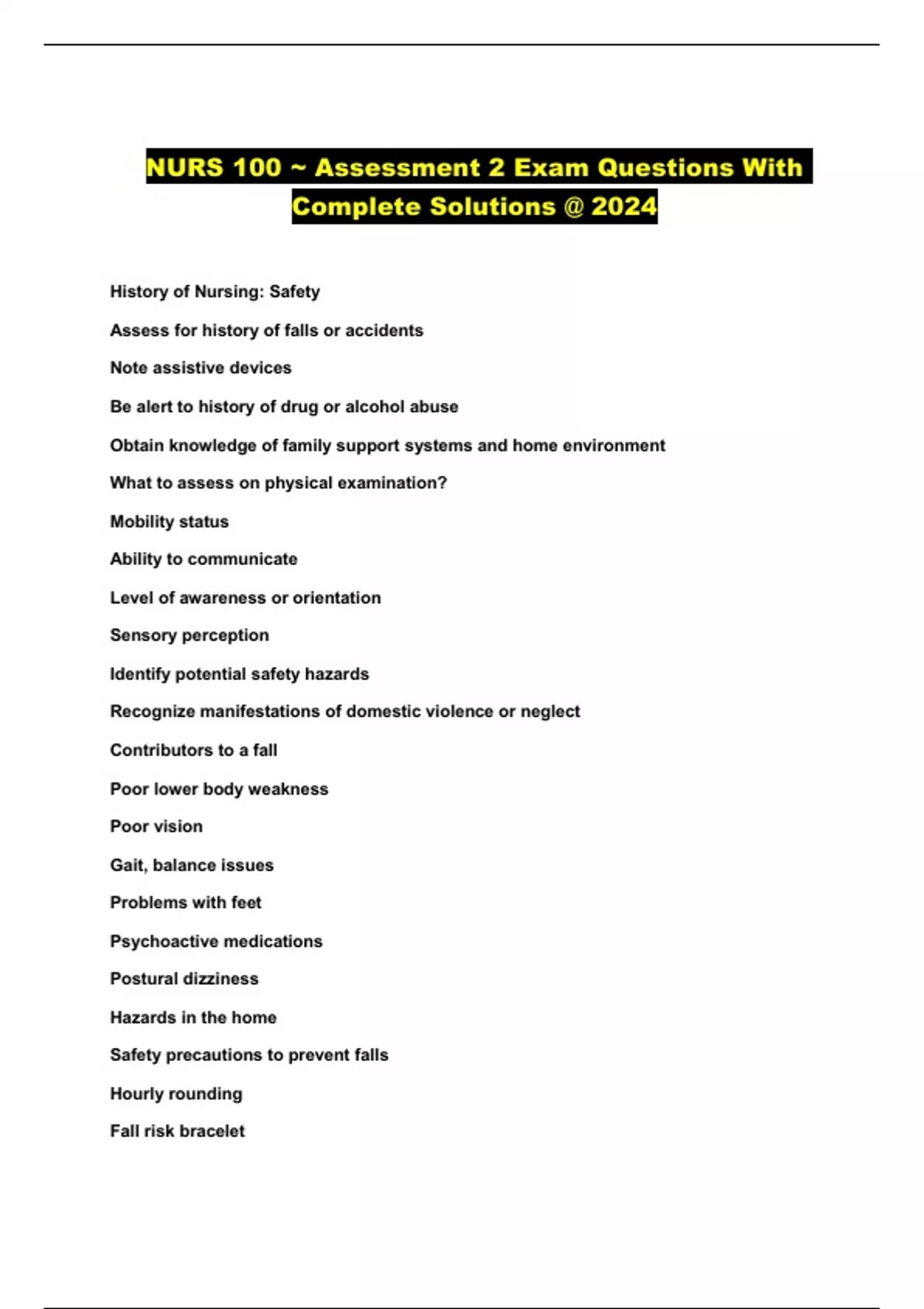 NURS 100 ~ Assessment 2 Exam Questions With Complete Solutions @ 2024 ...