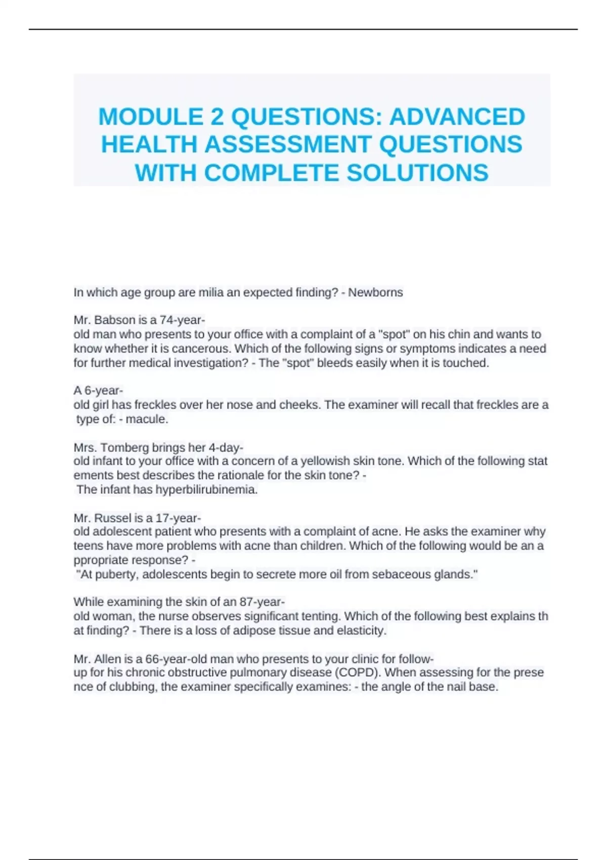 MODULE 2 QUESTIONS: ADVANCED HEALTH ASSESSMENT QUESTIONS WITH COMPLETE ...