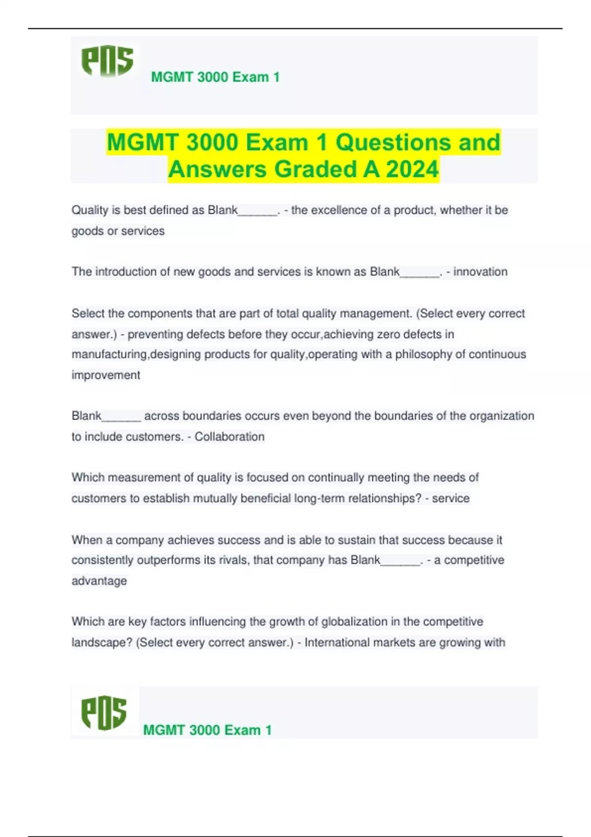 MGMT 3000 Exam 1 Questions and Answers Graded A 2024 - MGMT 3000 ...