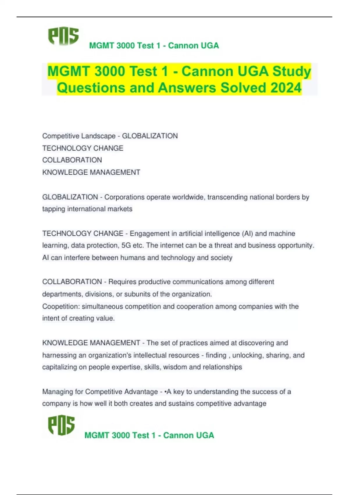 MGMT 3000 Test 1 - Cannon UGA Study Questions and Answers Solved 2024 ...