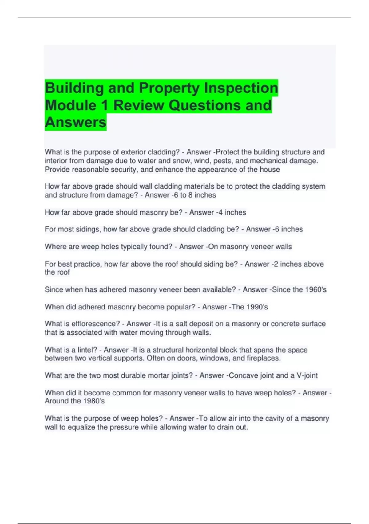 Building and Property Inspection Module 1 Review Questions and Answers ...